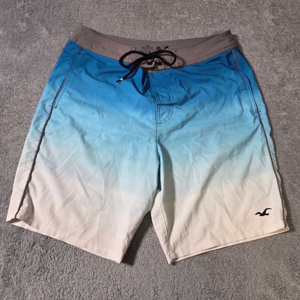 Hollister Mens 34 Board Shorts Blue White Ombre Epic Flex Stretch Swim Trunks